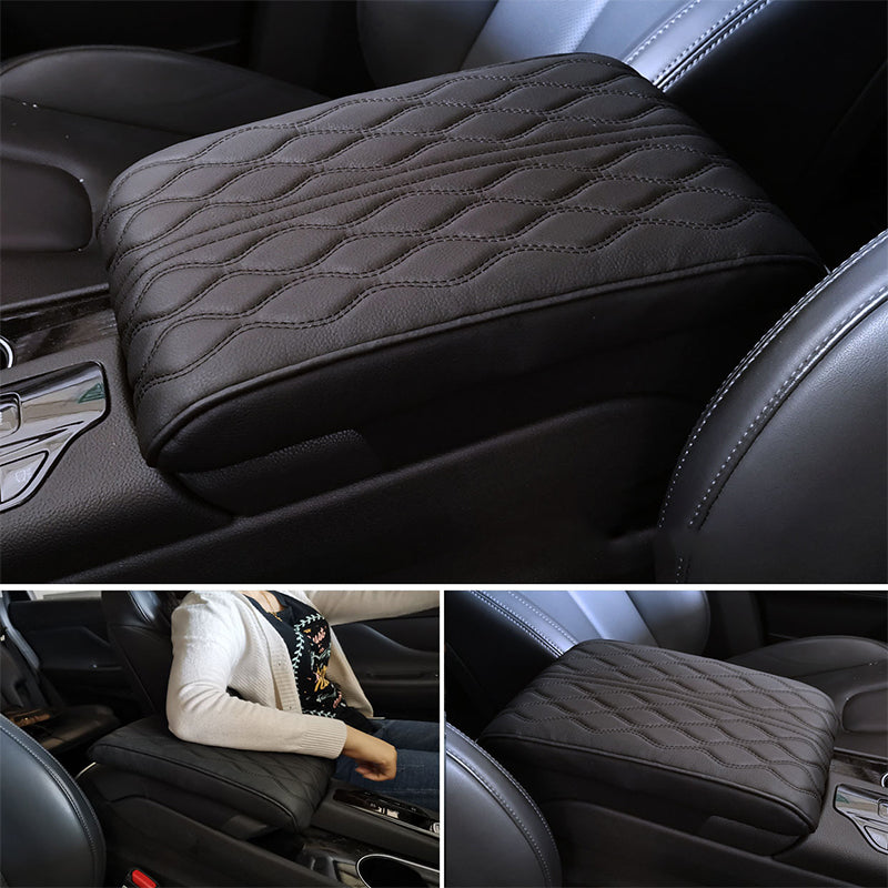 Relaxed driver arm resting comfortably on memory foam console pad