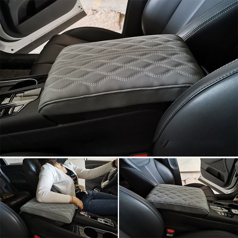 Close-up of textured leatherette surface on car armrest cushion