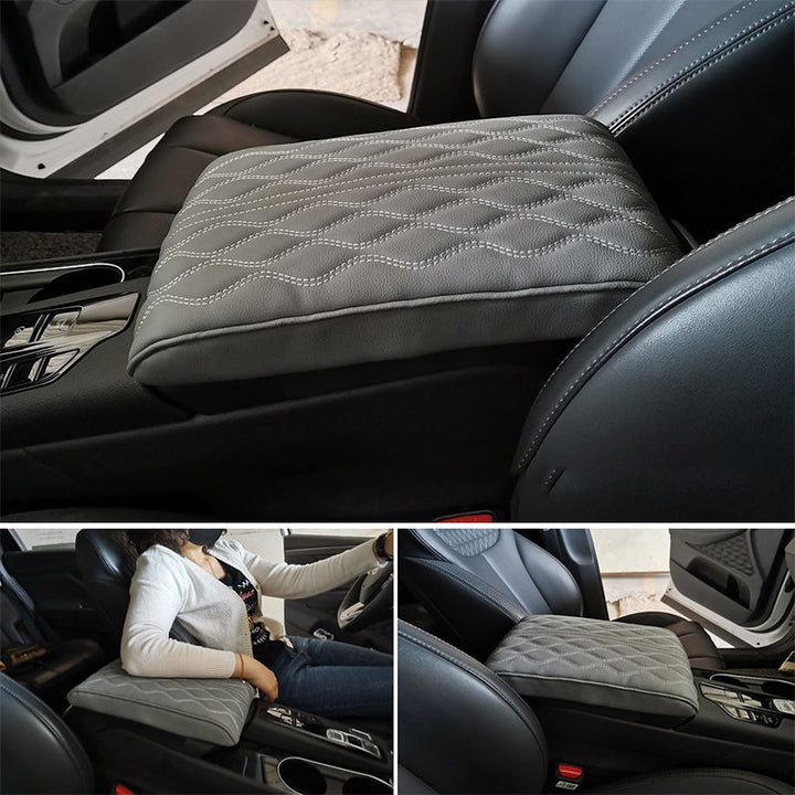 Close-up of textured leatherette surface on car armrest cushion