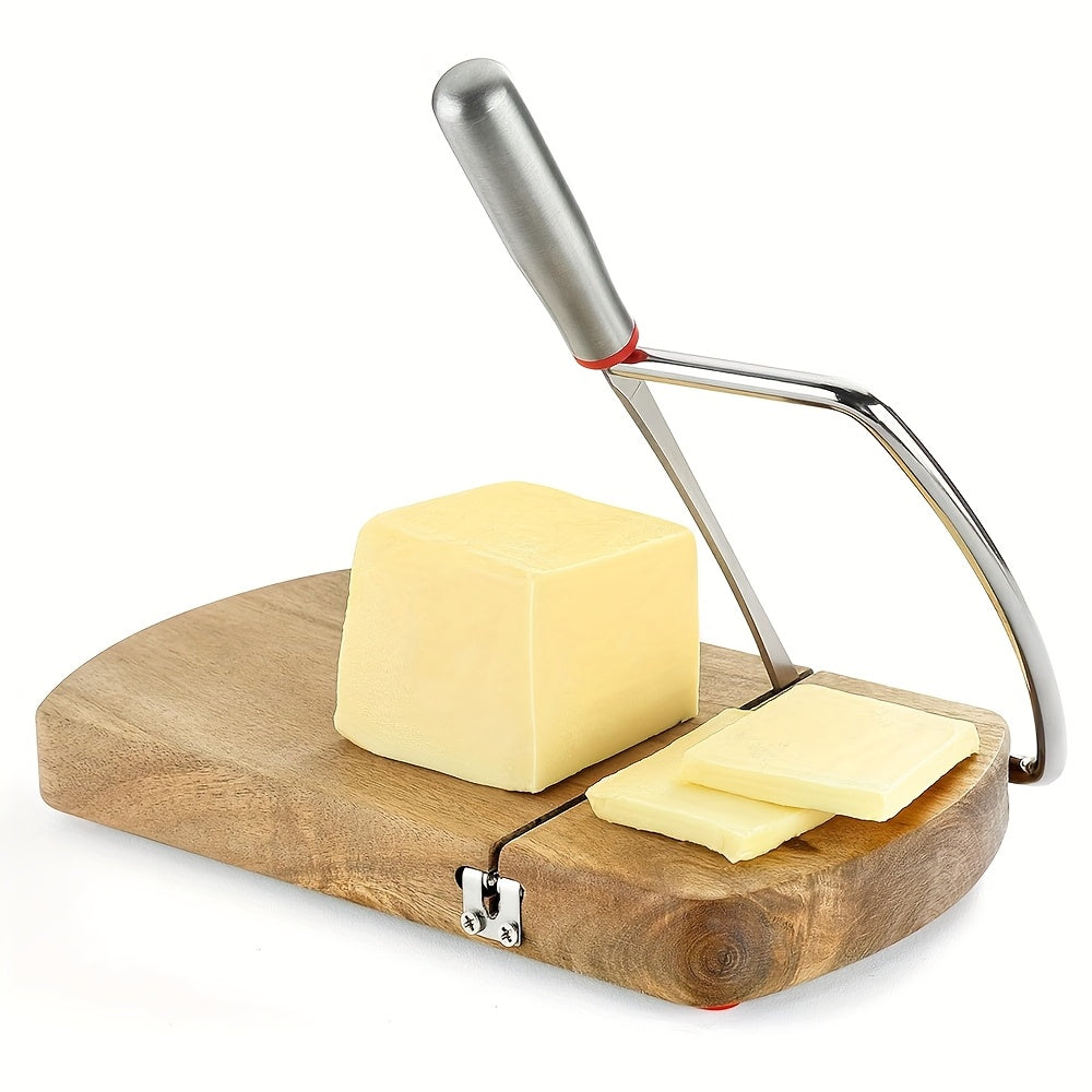 Handcrafted acacia wood cheese slicer cutting a block of butter