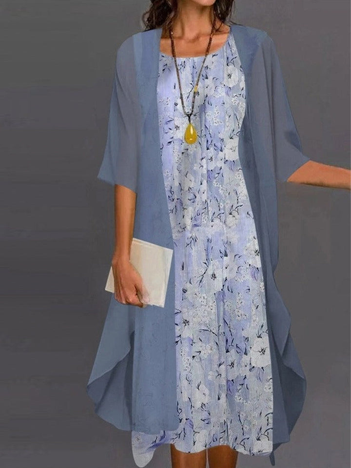 Woman wearing blue floral two-piece set featuring lightweight breathable fabric