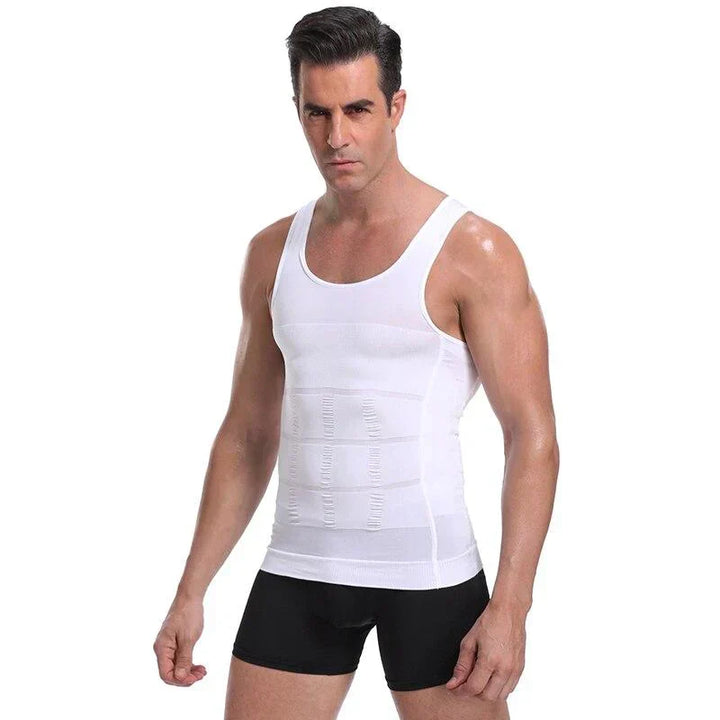 Flat lay of mens apparel compression undershirt body shaper