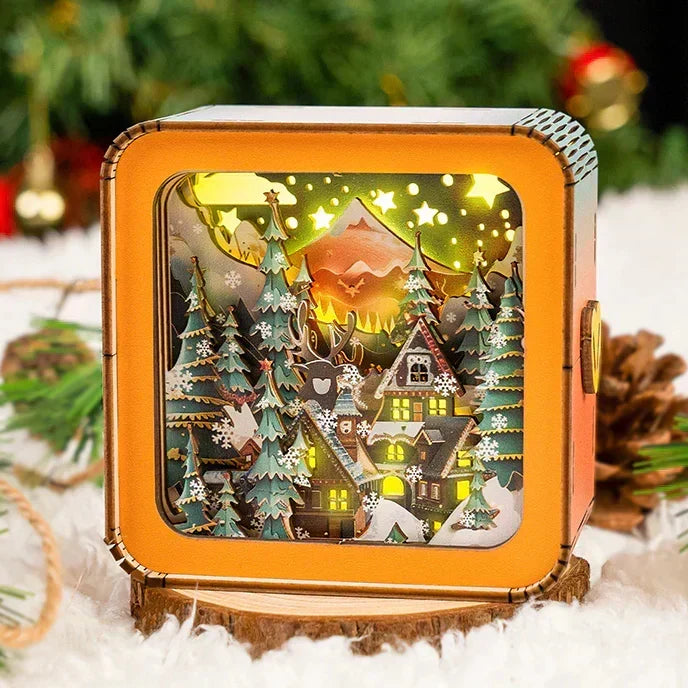 Assembled Festive3D wooden Christmas puzzle glowing on a snowy surface