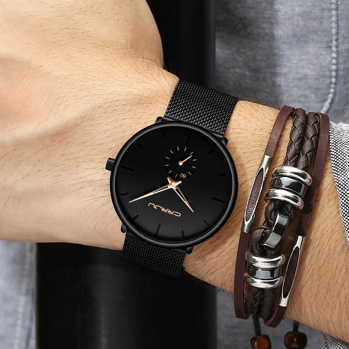 Mens mesh strap watch demonstrating comfortable wrist fit