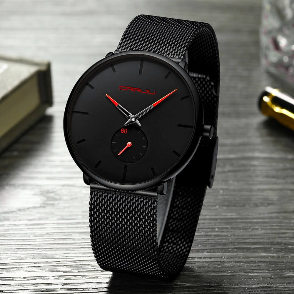 Men's minimalist luxury quartz watch in black with red hands and markers