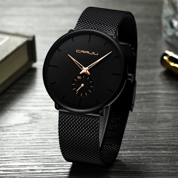 Men's minimalist luxury quartz watch in black with rose gold accents