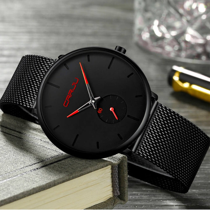 Detailed shot of the minimalist watch hands and luxury dial design
