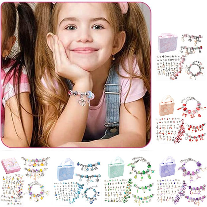 Happy child displaying colorful custom bracelets and gift boxes