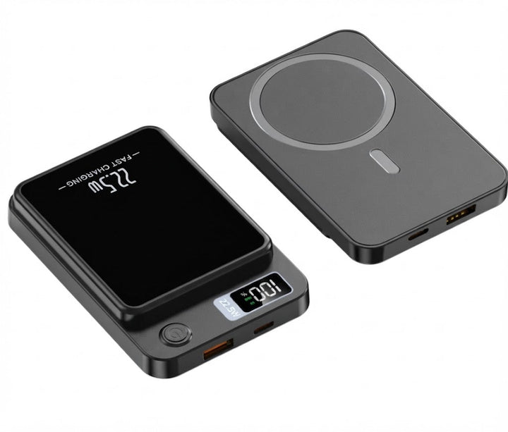 Black magnetic power bank showing digital LED display and wireless charging pad