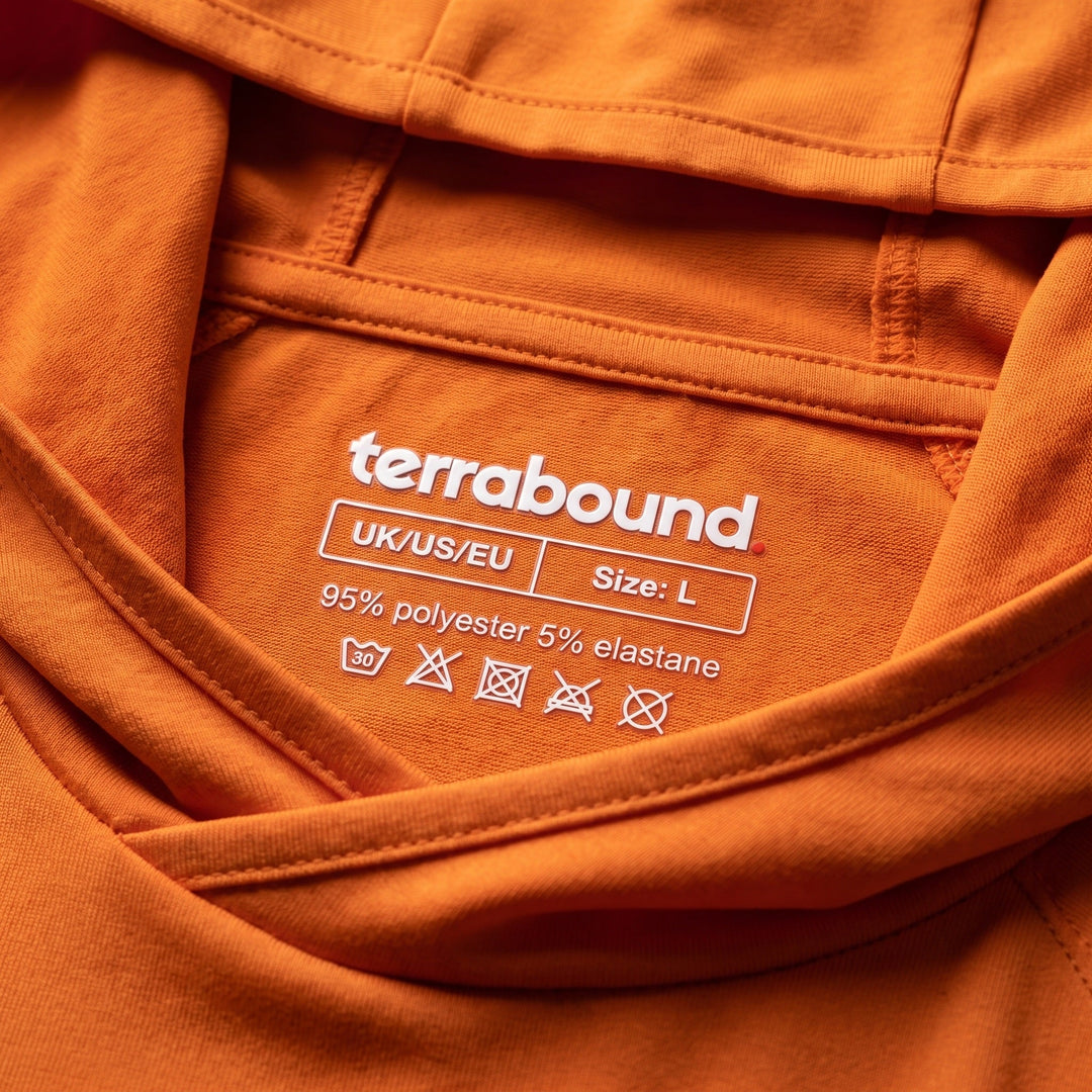 Close-up of integrated hood on men's UPF 50+ sun protection top