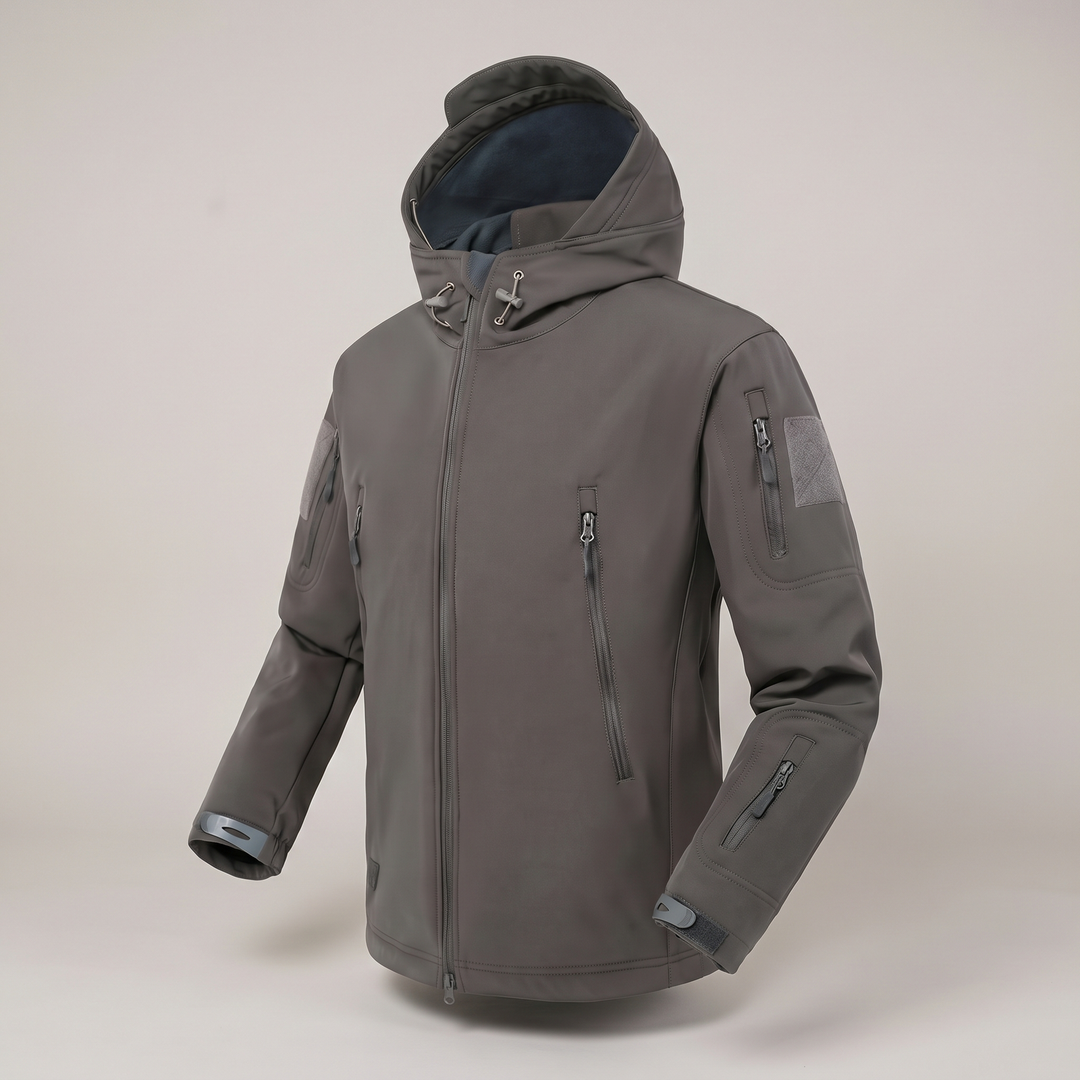 Back view of mens waterproof coat with hood for hiking and winter weather
