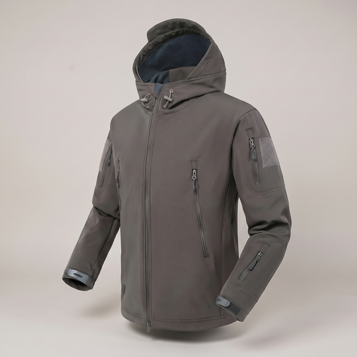 Back view of mens waterproof coat with hood for hiking and winter weather