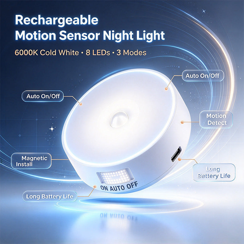 Close-up of a rechargeable motion sensor night light showing switch modes and magnetic install