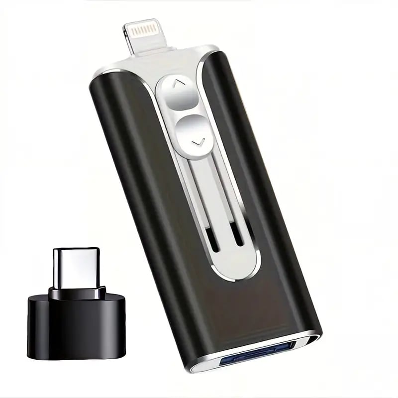 Compact universal storage drive angled to display both USB-A and Type-C connection ports clearly