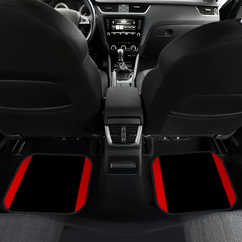 Universal polyester car mats with red stripes showing non-slip backing