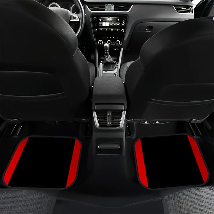Universal polyester car mats with red stripes showing non-slip backing