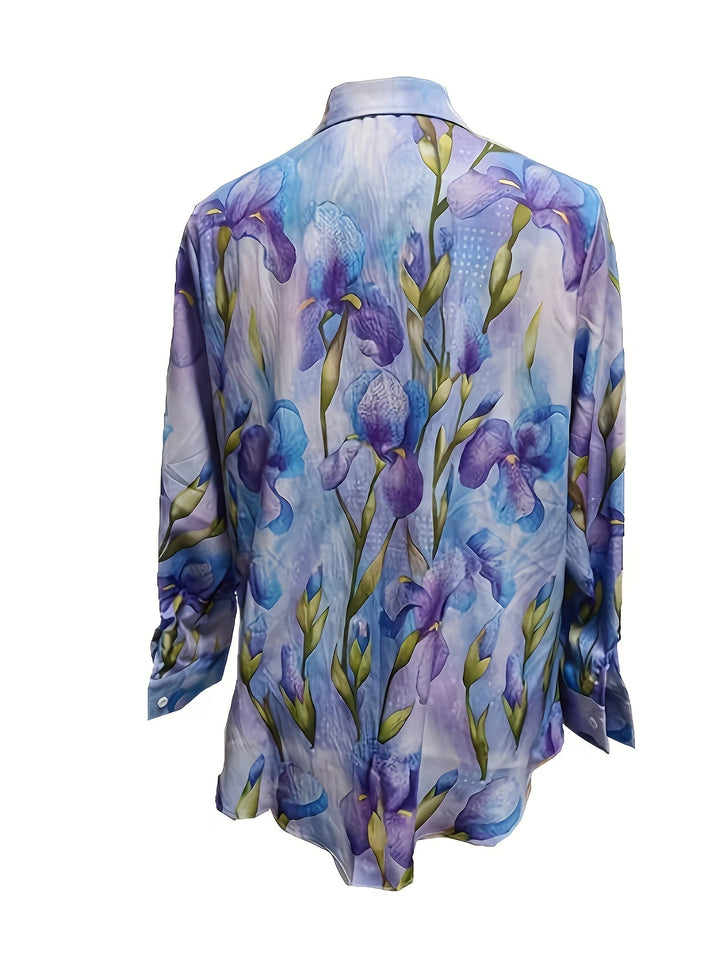 Back view of the purple floral button-up blouse showing drape and print