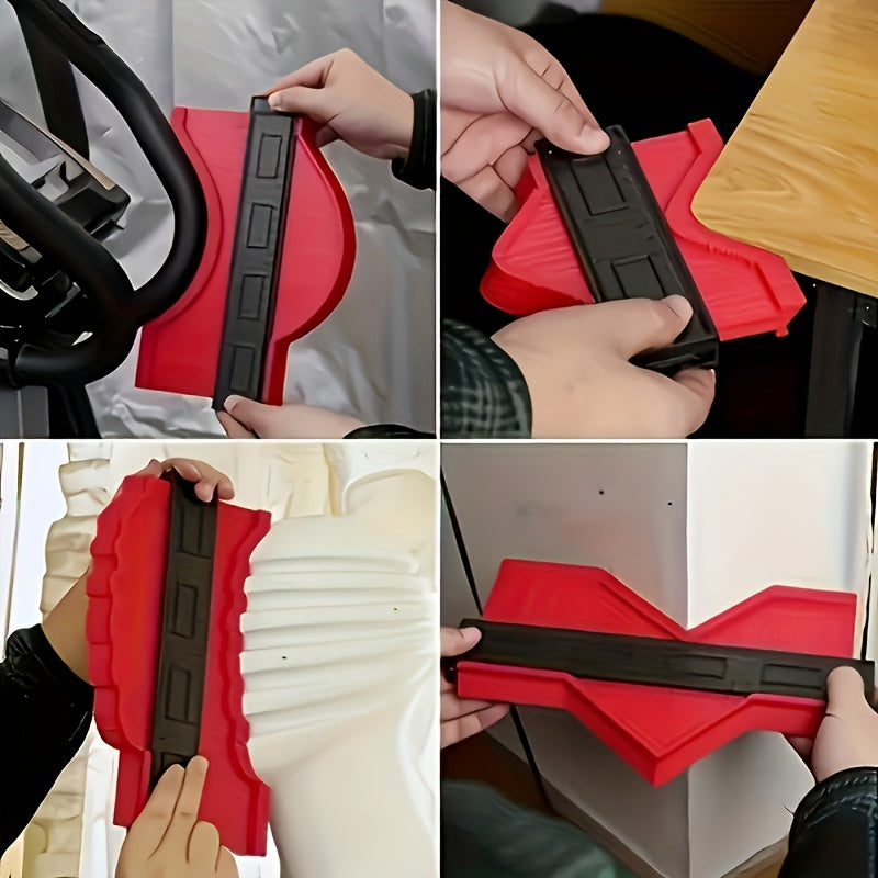 Collage showing various practical applications of the contour gauge on furniture and walls