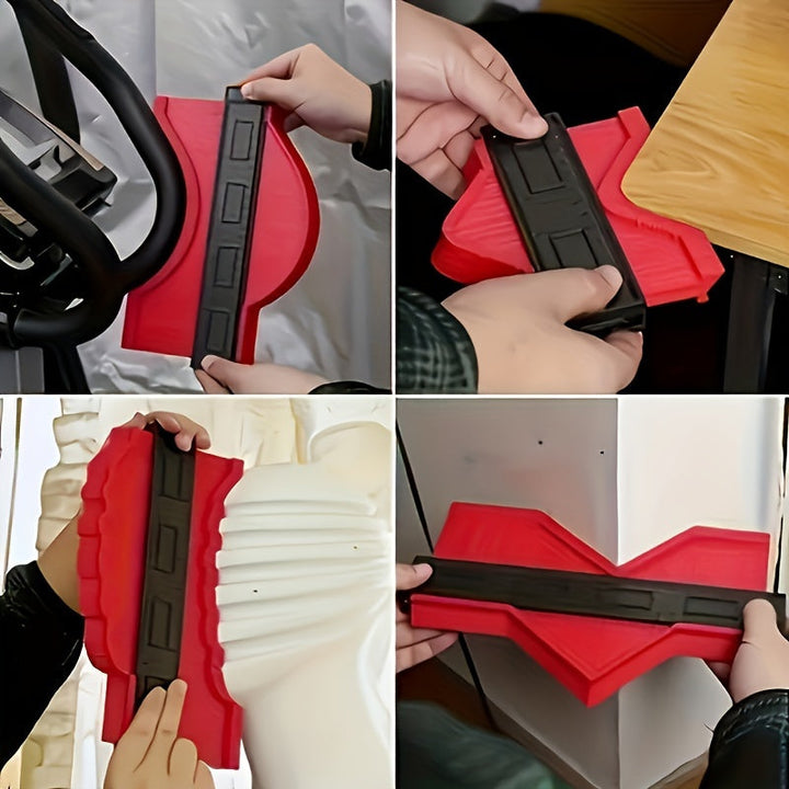 Collage showing various practical applications of the contour gauge on furniture and walls