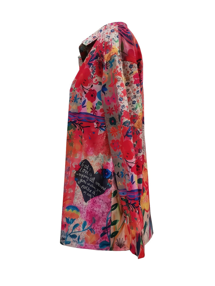 Side profile view of the floral long sleeve shirt showing relaxed fit