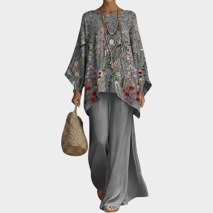 Full view of women's grey boho floral embroidered two-piece set with wide-leg trousers