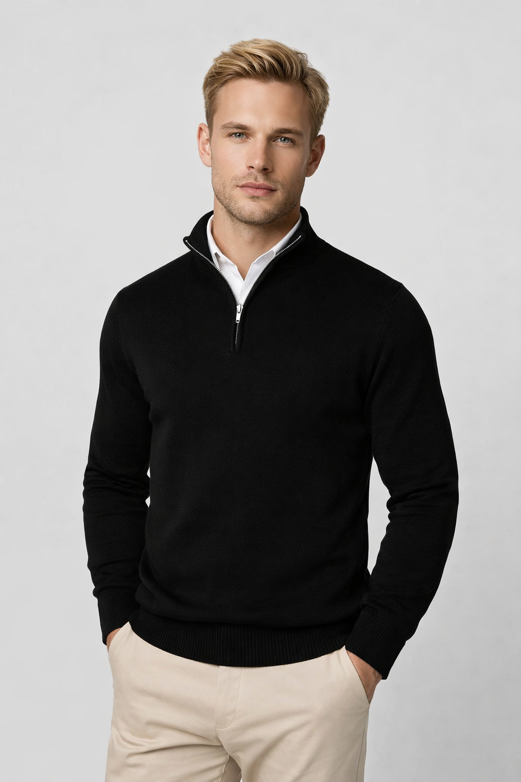 Close up of ribbed collar and metal zipper on mens half zip sweater