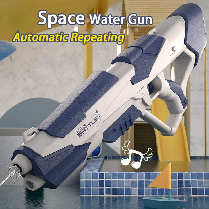 Close-up view of the blue automatic repeating space water gun toy outdoors