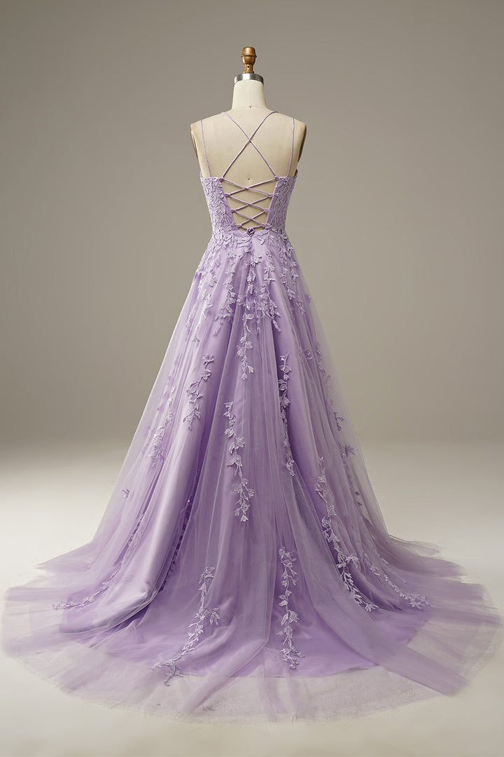 Back view of the lilac tulle evening gown showcasing the lace-up strap design
