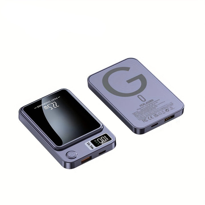 Slim magnetic portable charger placed next to modern smartphone