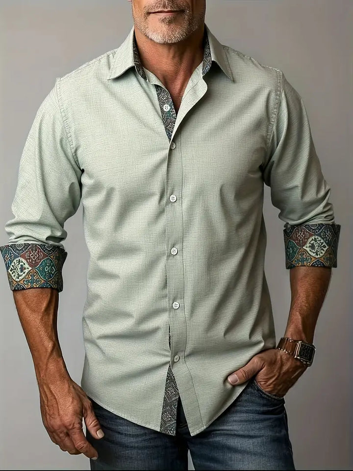 Close-up of smart casual mens shirt button placket and contrast fabric trim