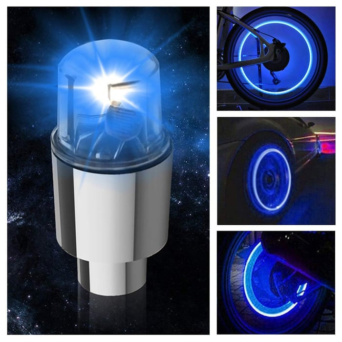Bright colorful LED valve cap lights glowing on various vehicle wheels
