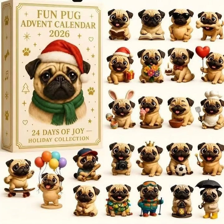 Pug advent calendar box shown next to a grid of twenty-four unique pug collectible figurines.
