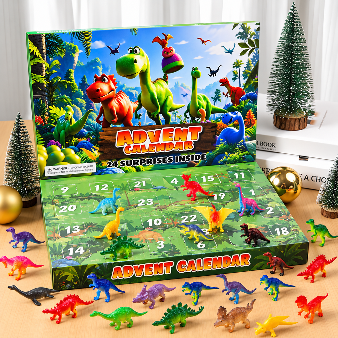 Back of the holiday gift box displaying various dino figures included in the set