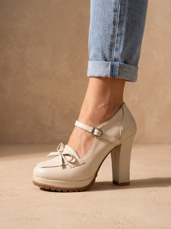 Cream Mary Jane block heel pump on display