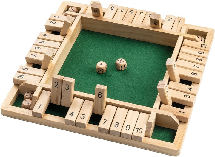 Overhead view of the wooden counting board with dice and numbered tiles