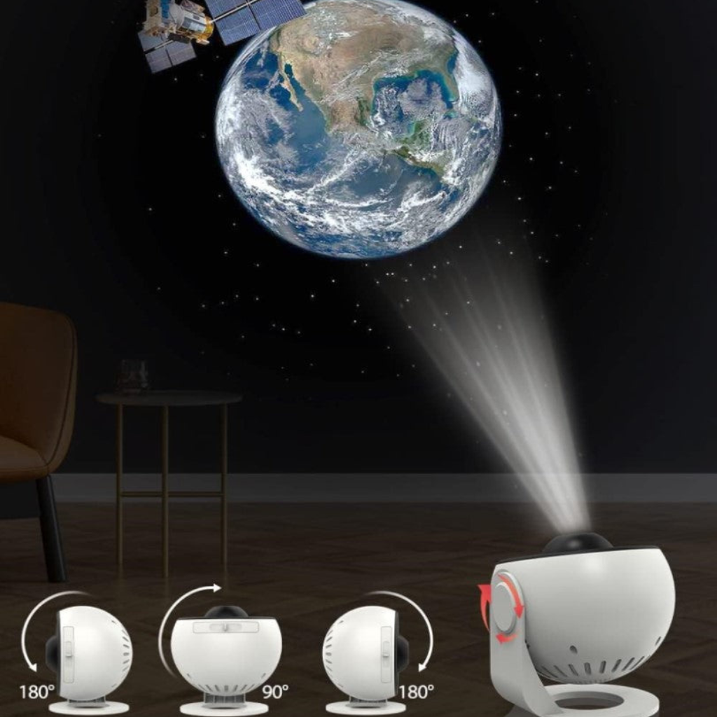 White GalaxyNova projector demonstrating 180-degree rotation angles