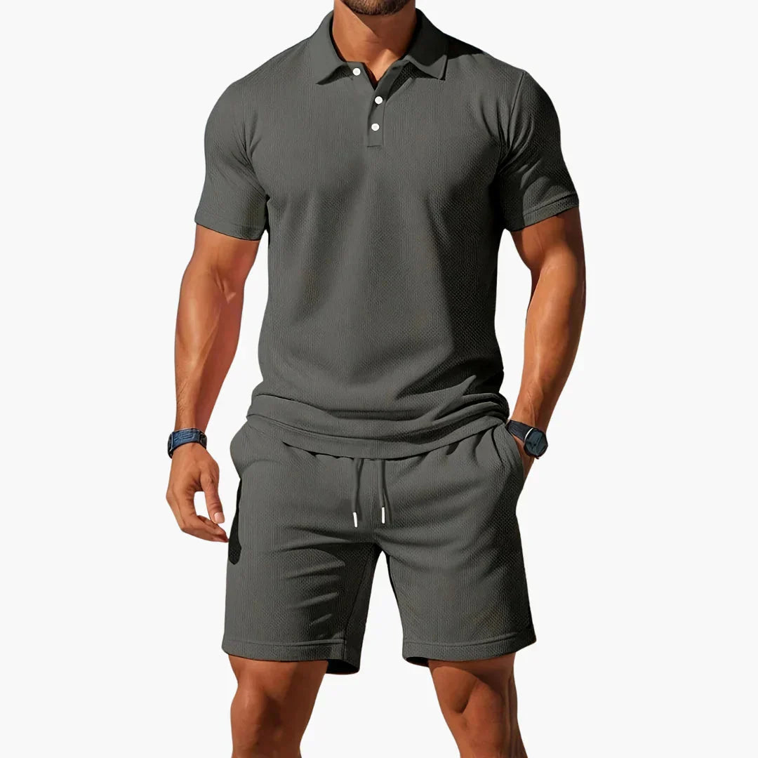 Side angle of the casual polo shirt and matching shorts set