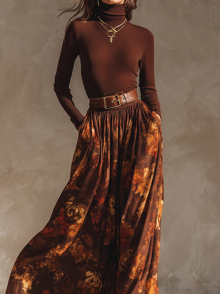 Close up of the brown turtleneck knitted top and patterned skirt outfit