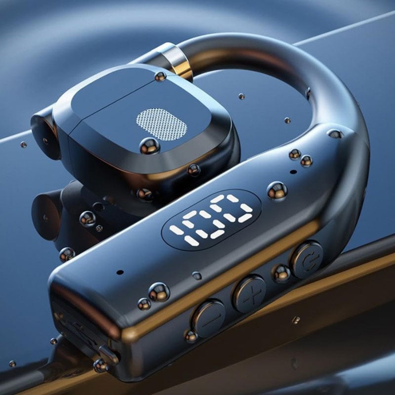Close-up view of the black open-ear bluetooth headset control buttons