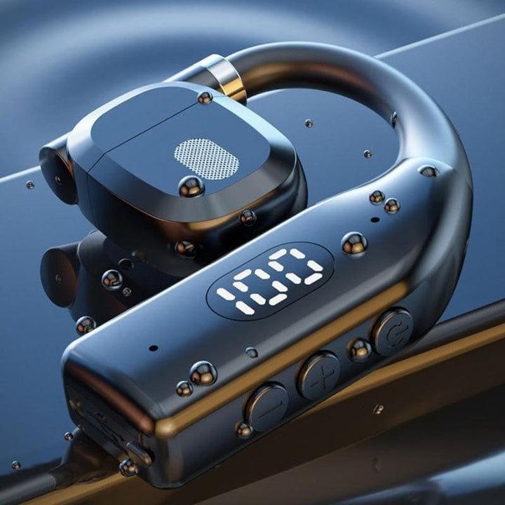 Close-up view of the black open-ear bluetooth headset control buttons