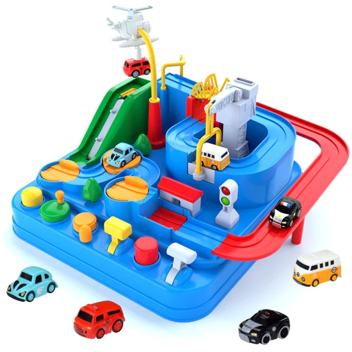 Blue educational rescue track set with cars and helicopter