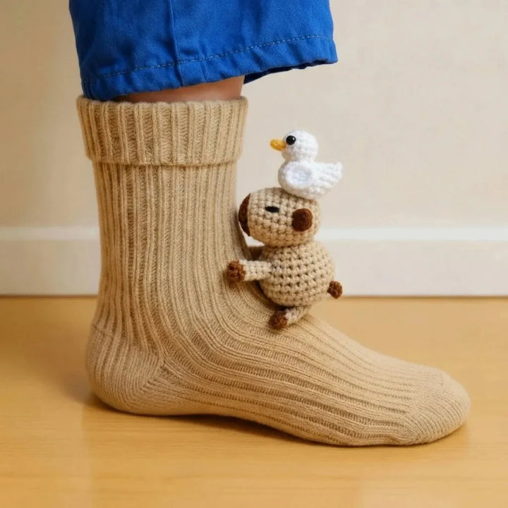 Cute sports socks with textured 3D animal features for casual lounging