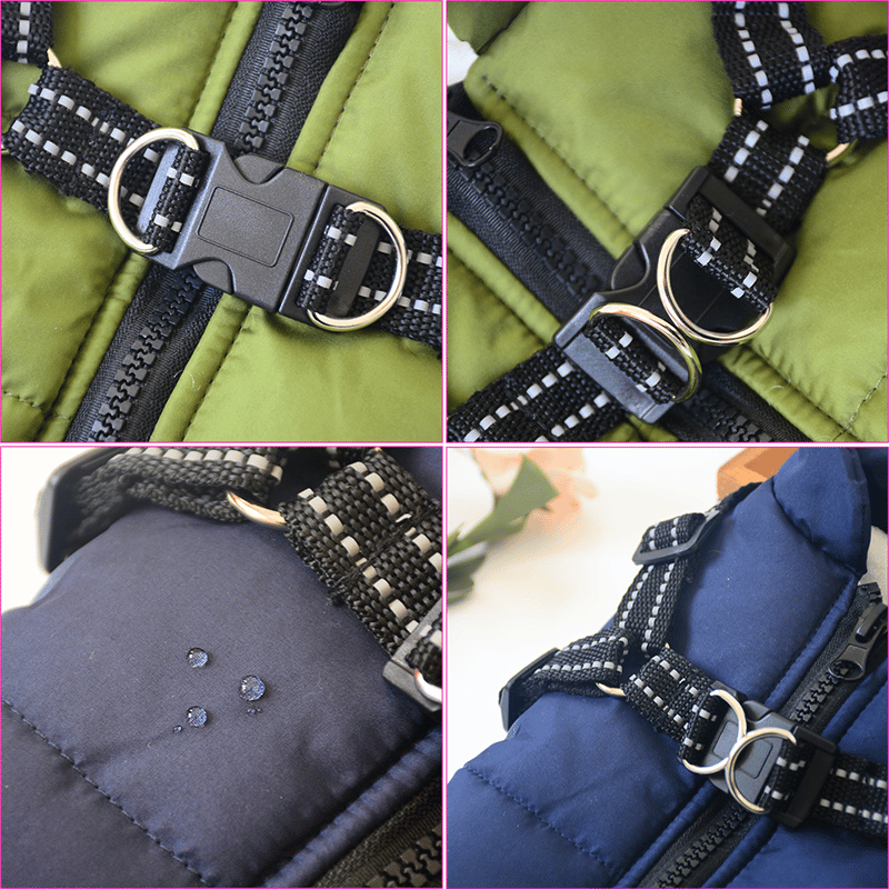 Side view of the winter dog jacket showing secure harness attachment