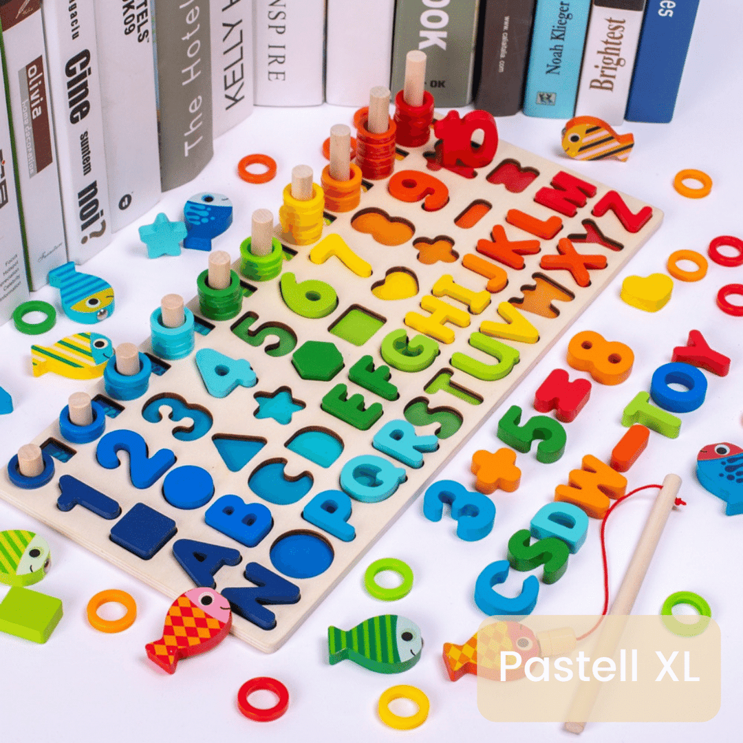 Wooden Montessori board with numbers, shapes, rings, and magnetic fishing pieces