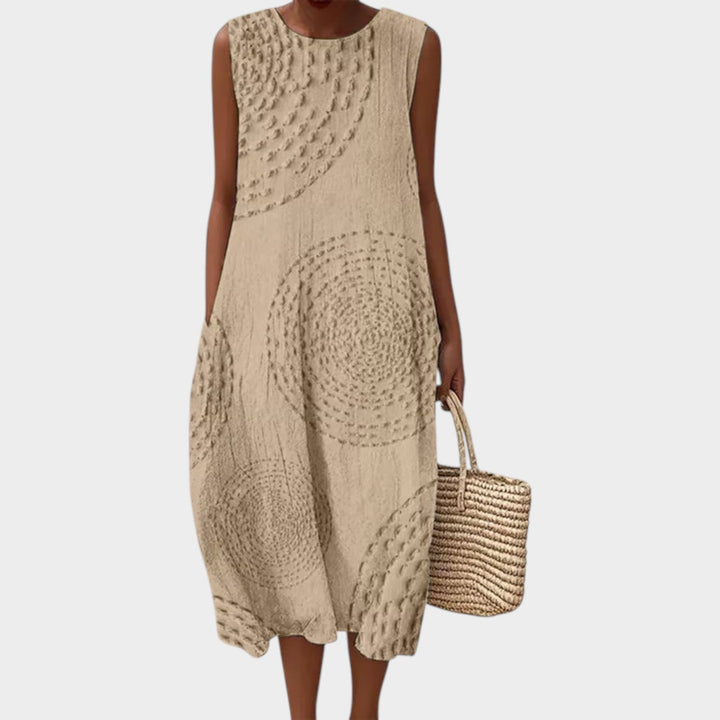 Sleeveless casual vacation outfit and summer midi dress with textured fabric