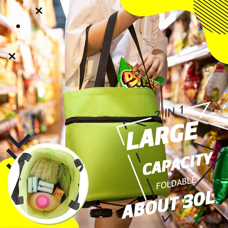 Person shopping in a supermarket aisle holding the green folding trolley bag