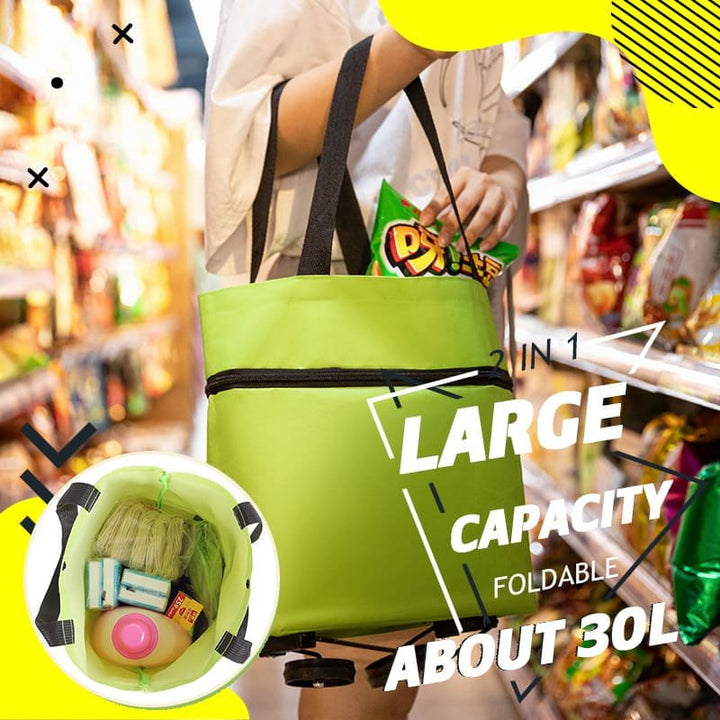 Person shopping in a supermarket aisle holding the green folding trolley bag