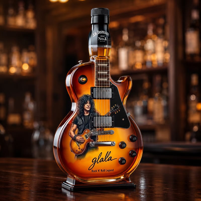 Guitar shaped whisky bottle displayed against a blurred bar background