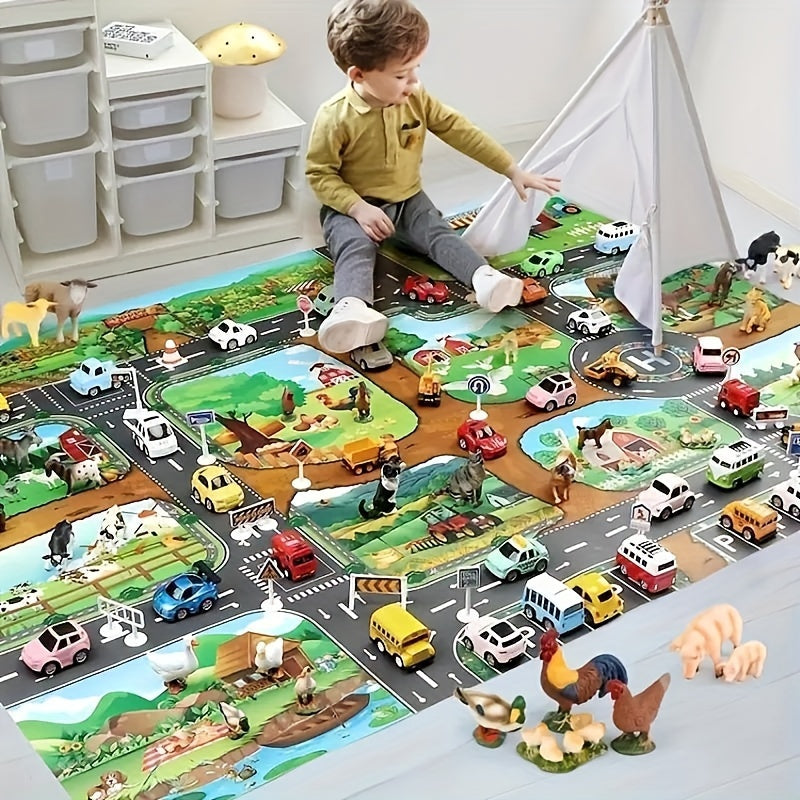 Educational children play rug featuring a detailed road network and countryside farm scene