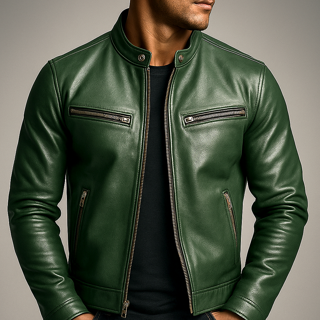 Man wearing a green vintage style jacket with front zipper pockets